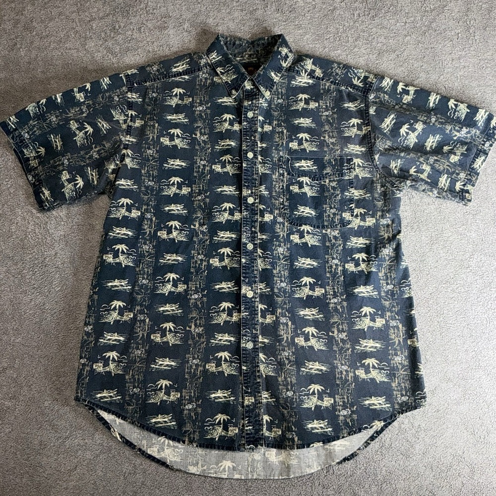 VTG Sedgefield Men L Button-Up Shirt Blue Tropical Palm Tree Pineapple Cotton‎